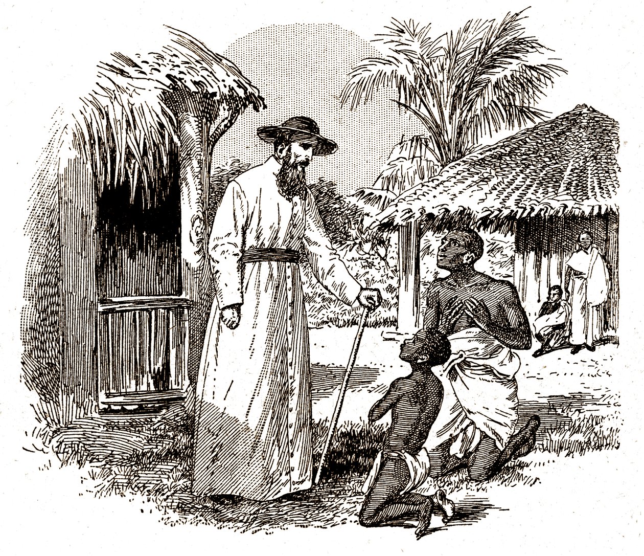 Katolický misionář v Africe praktikující konverzi na dítěti a jeho otci, kolem roku 1900 (rytina) od Alec Hunter