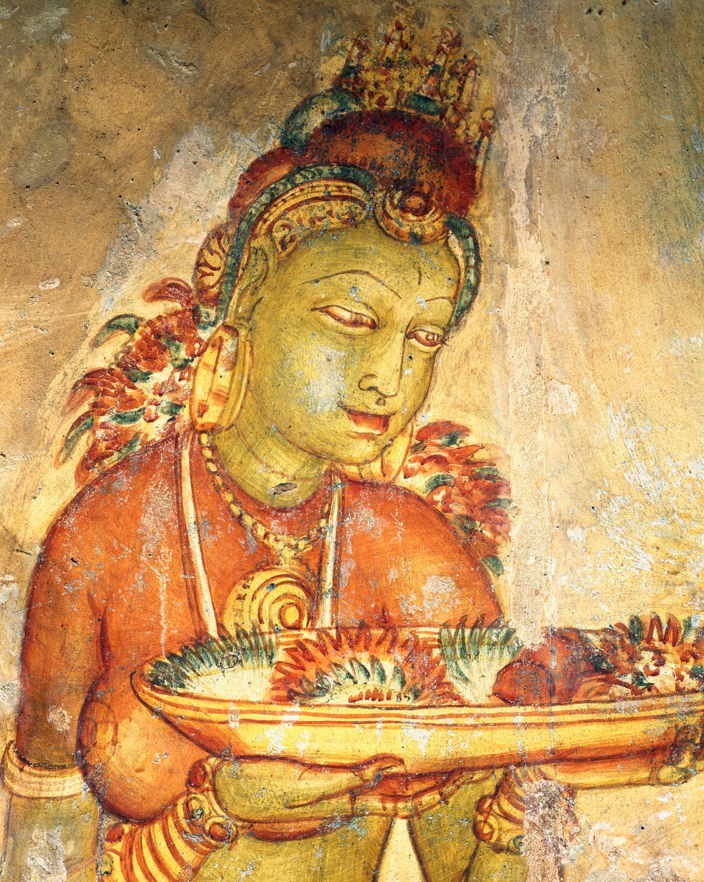 Apsaras, nebeská nymfa nabízející květiny, freska, opevněná citadela Sigiriya (Seznam světového dědictví UNESCO od Alec Hunter