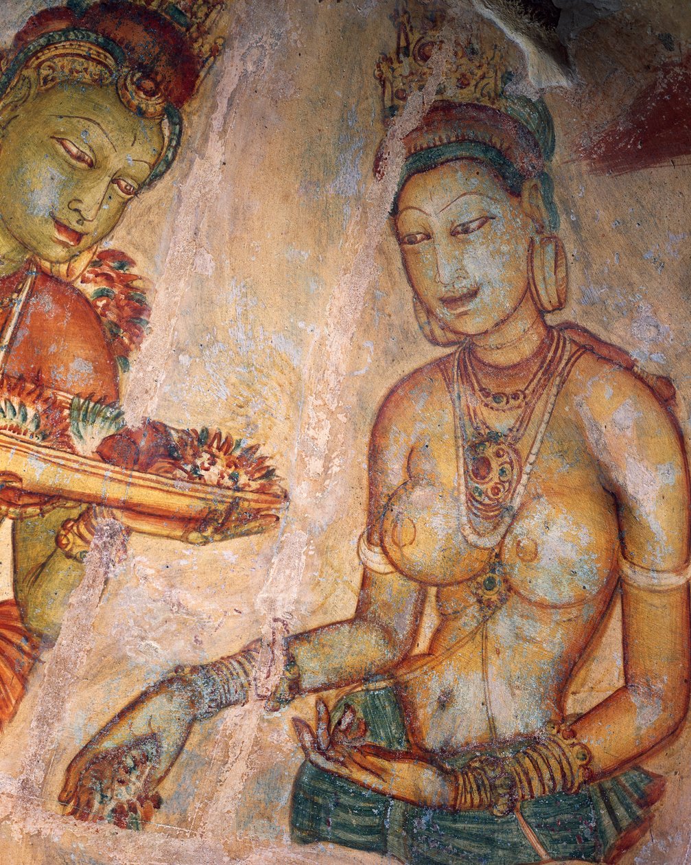 Apsaras, nebeská nymfa nabízející květiny, freska, opevněná citadela Sigiriya (Seznam světového dědictví UNESCO od Alec Hunter