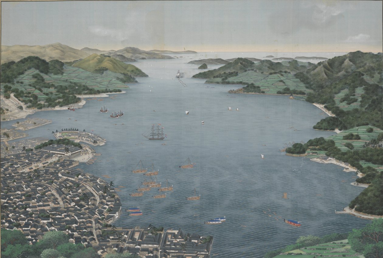 Přístav Nagasaki, cca 1800-50 (malba na hedvábí) od Kawahara Keiga