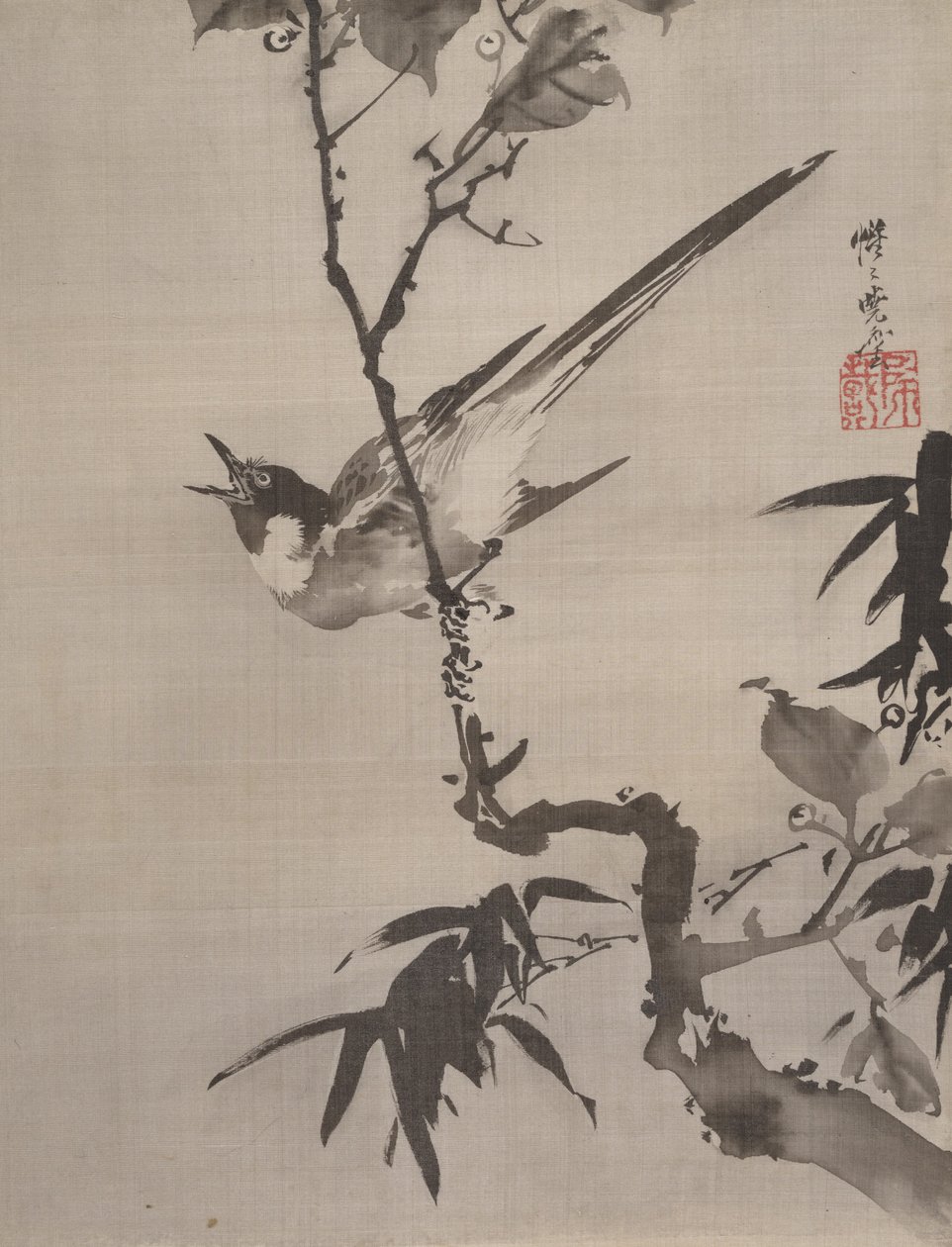 Zpívající pták na větvi, ca. 1887. od Kawanabe Kyosai
