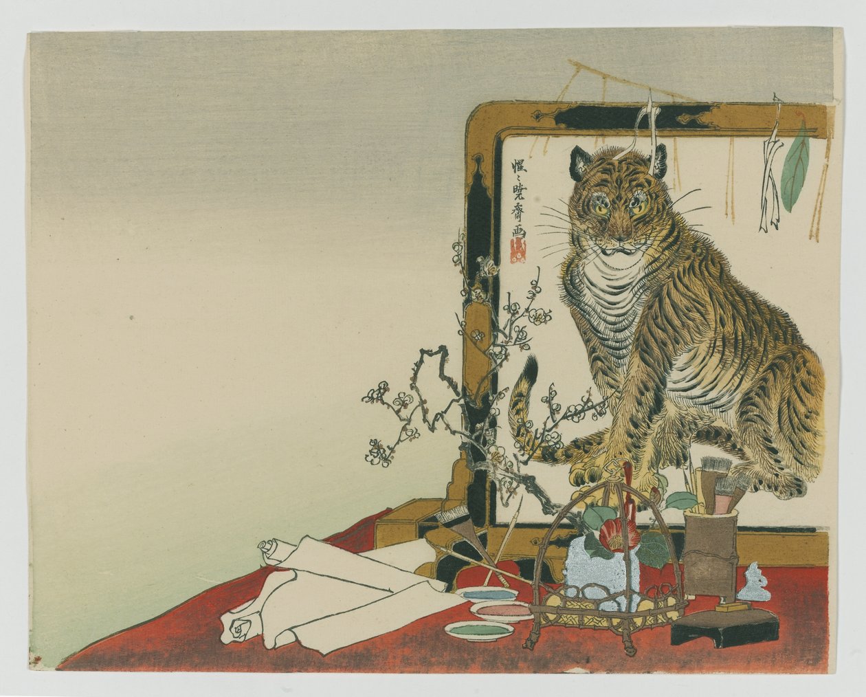 Standing Screen (Tsuitate) of a Tiger, 1878 (dřevěný barevný tisk) od Kawanabe Kyosai