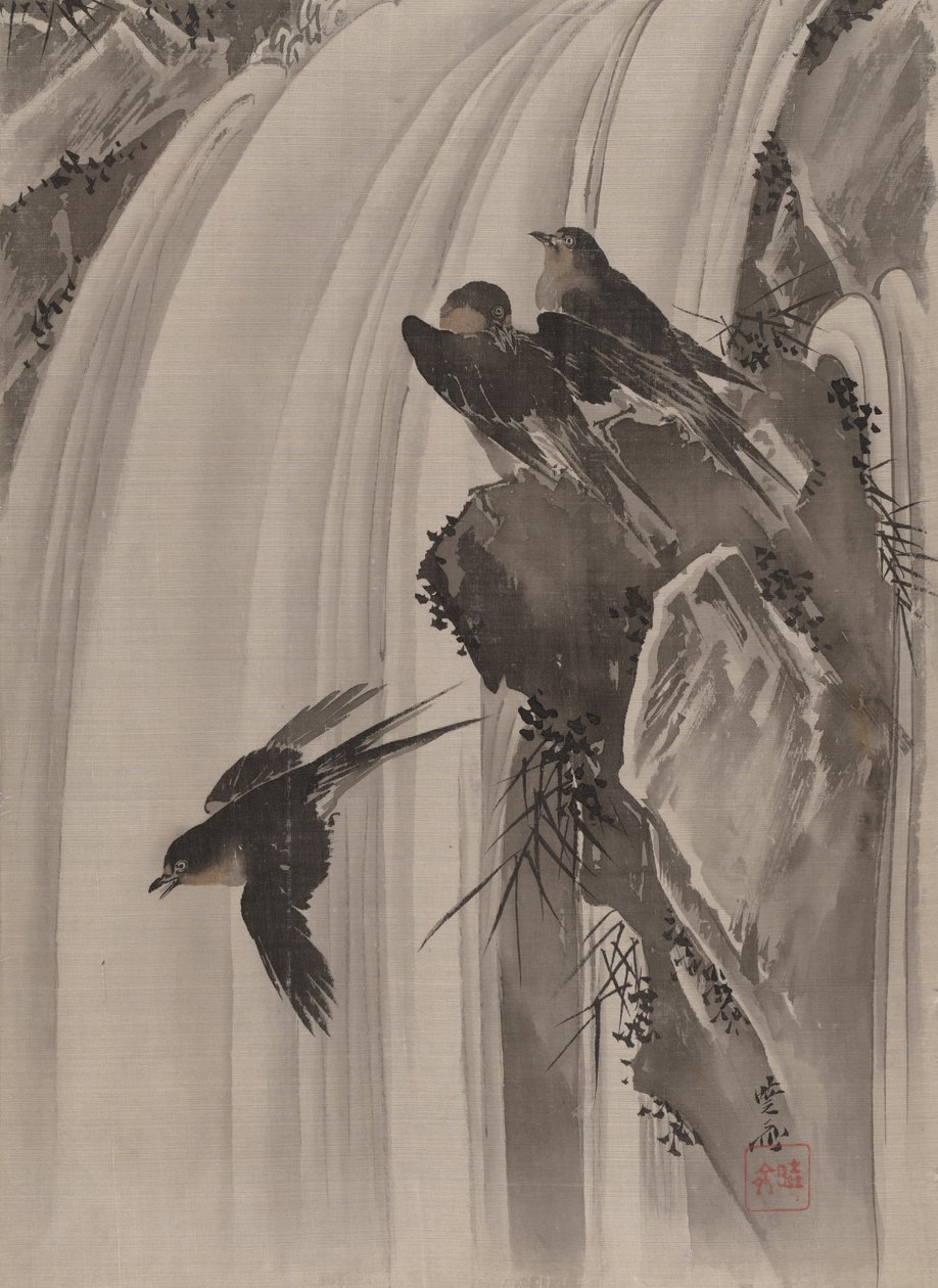Vlaštovky u vodopádu, ca. 1887. od Kawanabe Kyosai
