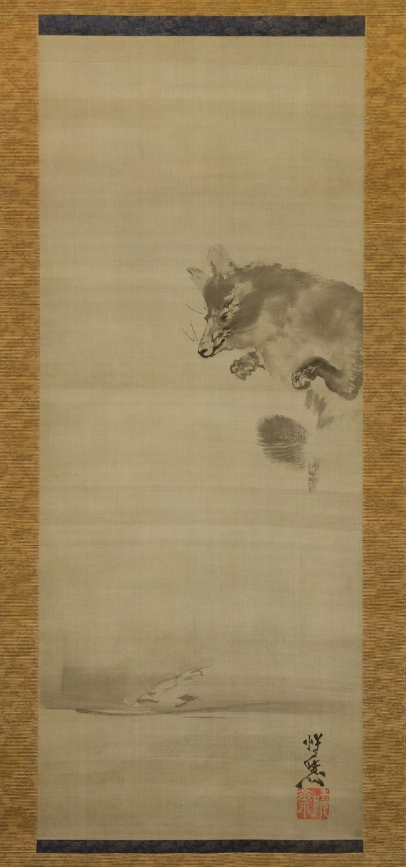 Tanuki Racoon Dog prohlížení jeho odraz ve vodě, konec 19. století. od Kawanabe Kyosai
