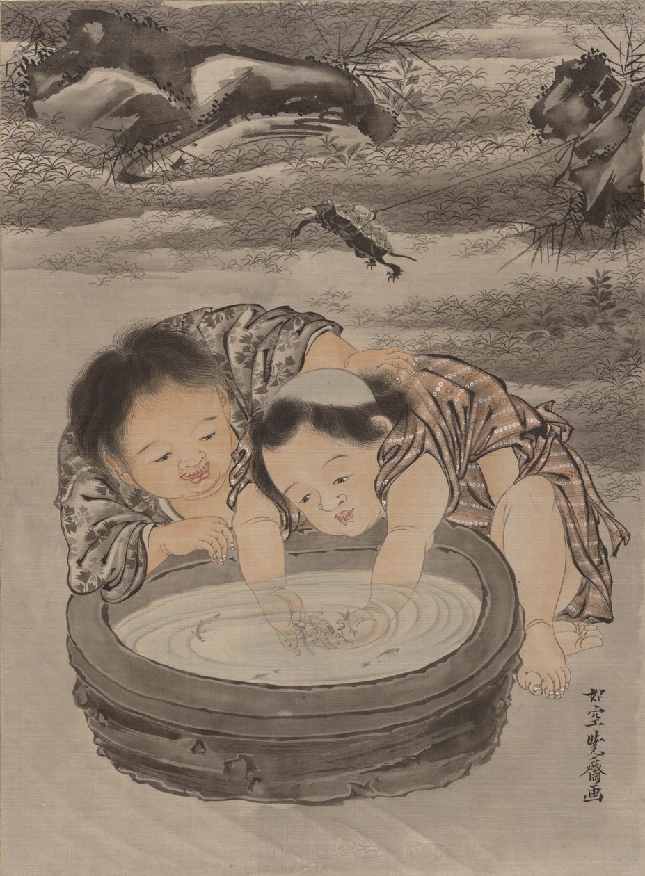 Dvě děti si hrají se zlatou rybkou, ca. 1887. od Kawanabe Kyosai