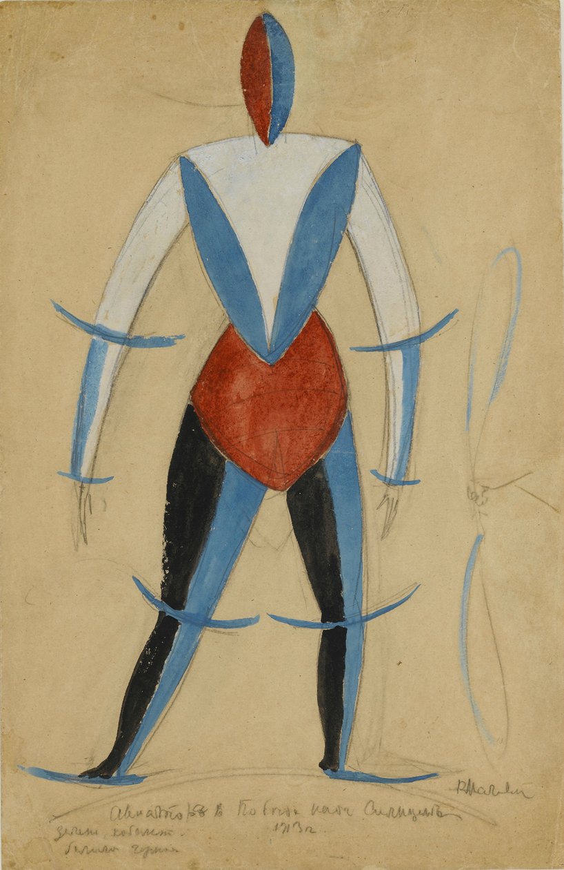 Letec, kostýmní návrh pro operu Vítězství nad sluncem od Aleksei Kruchenykh, 1913 (inkoust, kvaš a tužka na papíře) od Kazimir Severinovich Malevich