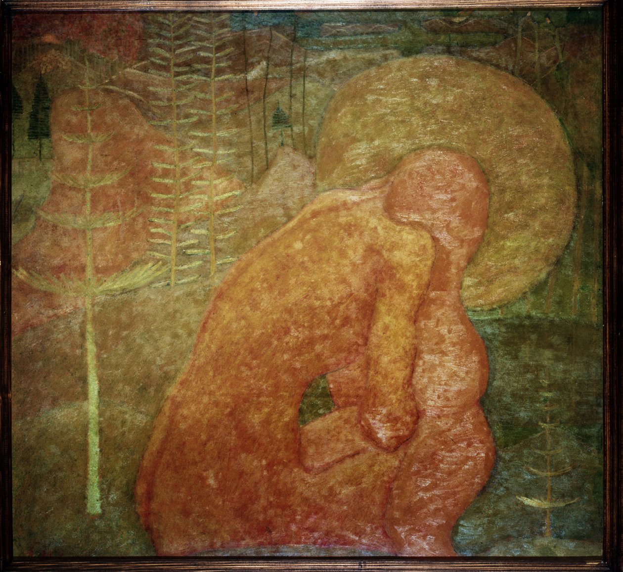 Skica pro fresku. Modlitba. (Náčrt k freskové malbě; Modlitba). Nahá postava v lesní krajině je stočená pod aureolou. Dílo Kasimira Severinoviče Malevitche (Malevich, Malevic) (1878-1935), tempera na kartonu od Kazimir Severinovich Malevich