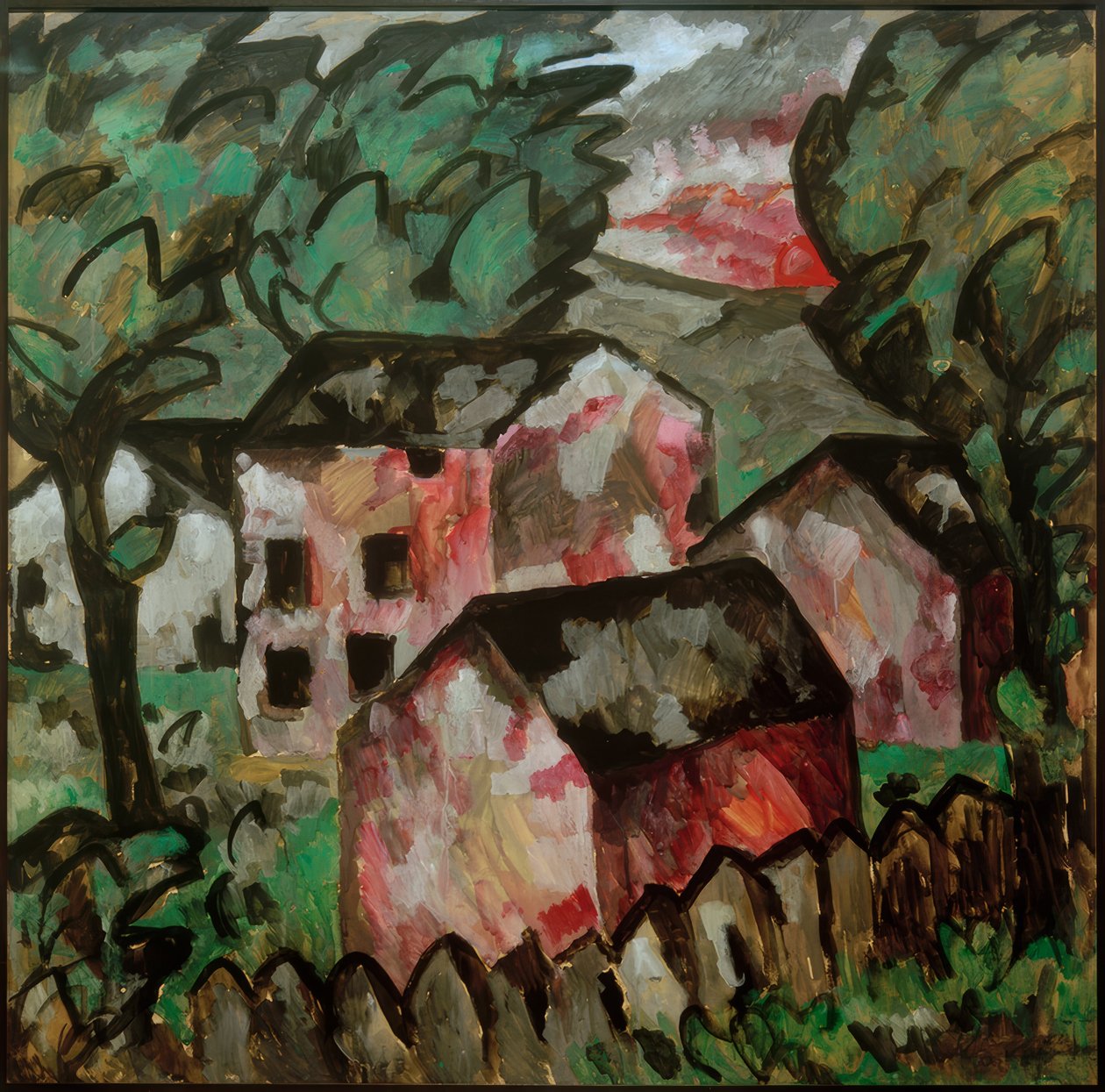 Krajina se třemi červenými domy od Kazimir Severinovich Malevich