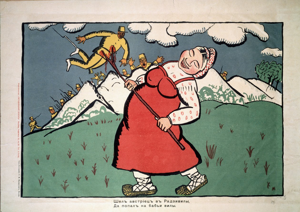 Rakušané jeli do Radziville (Rakušan šel do Radzivillu). První světová válka (1914-1918): groteskní satira obryně v lidovém selském kroji, která s radostí propíchne břicho rakouského vojáka vidlemi v b. od Kazimir Severinovich Malevich