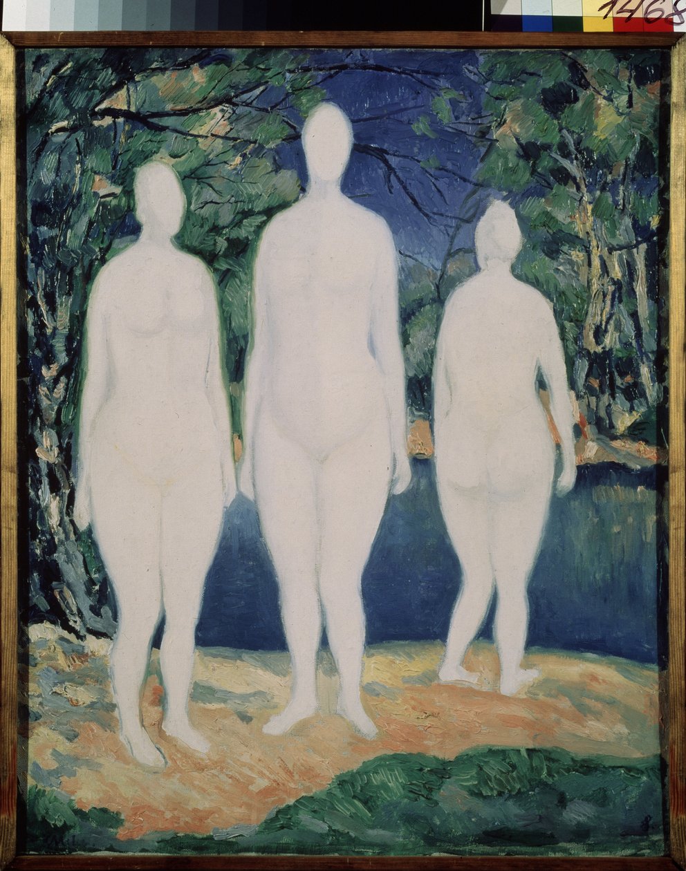 The Bathers. Tři bílé, nahé postavy, stojící v létě poblíž řeky. Obraz Kazimira Severinoviče Maleviče (Malevich, Malevic) (1878-1935), olej na plátně od Kazimir Severinovich Malevich