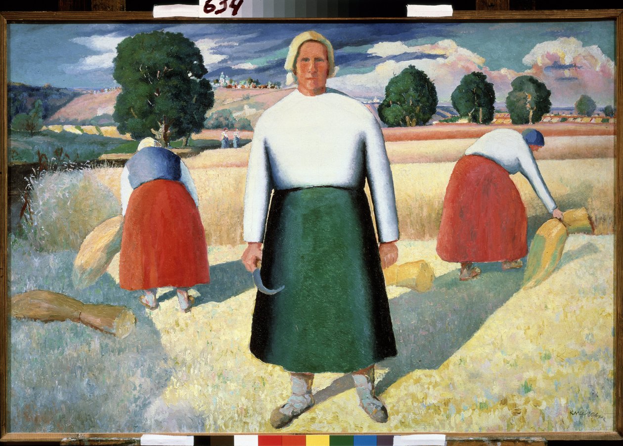 Les moissonneuses. (Reapers). Scene de travaux agricoles, les femmes courbees font des gerbes de cereales dans le champs, une travailleuse debout tient une petite serpe face au soleil. Peinture de Kasimir Severinovich Malevitch (Malevich, Malevic) (1878-19 od Kazimir Severinovich Malevich