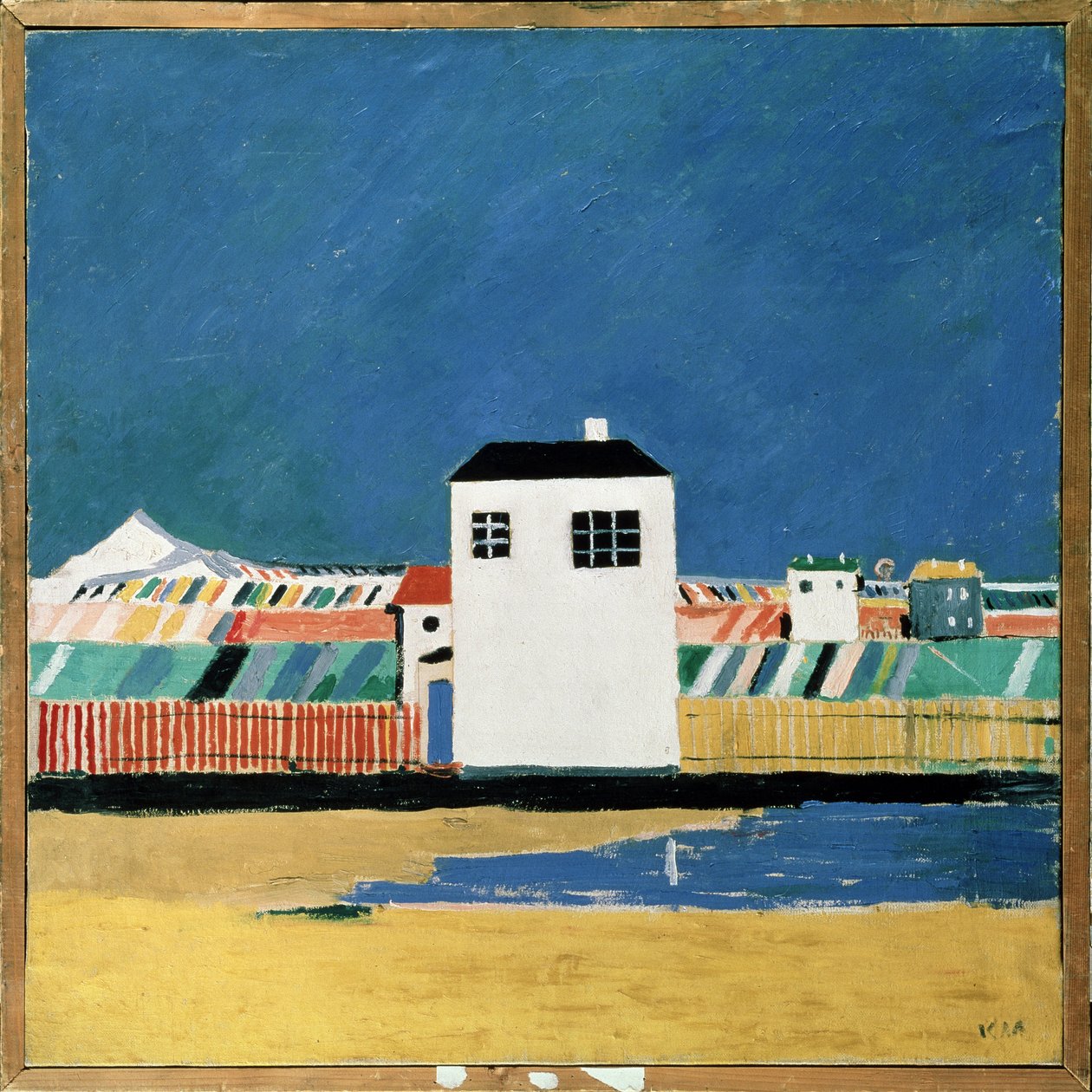 Krajina s Bílým domem. Malba Kazimira Severinoviče Maleviče (Malevich, Malevic) (1878-1935), olej na plátně, kolem roku 1930. Ruské umění, 20. století, avantgarda, suprematismus, konstruktivismus. Státní ruské muzeum, od Kazimir Severinovich Malevich