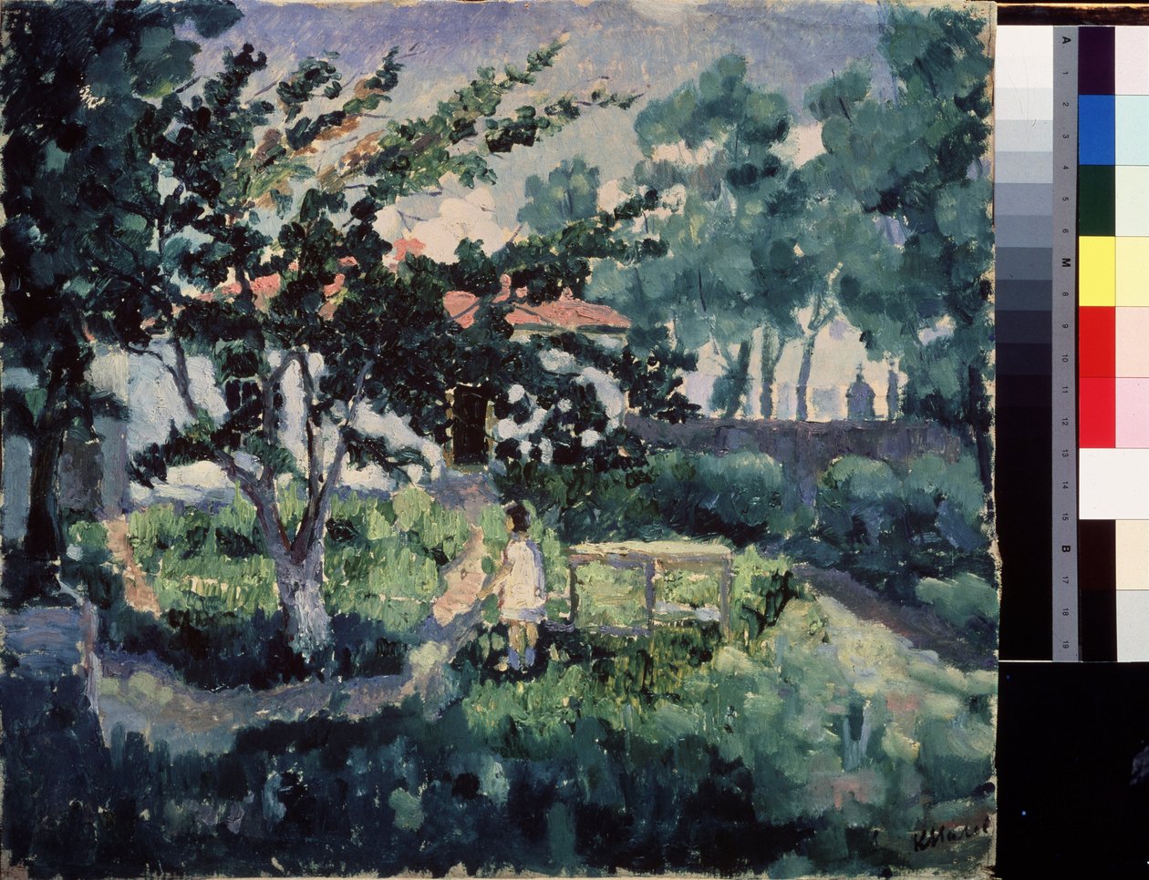 Letní krajina. Popis zahrady malého venkovského domu v létě, s dítětem, které si užívá letní prázdniny. Obraz Kazimira Severinoviče Maleviče (Malevich, Malevic) (1878-1935), olej na plátně od Kazimir Severinovich Malevich