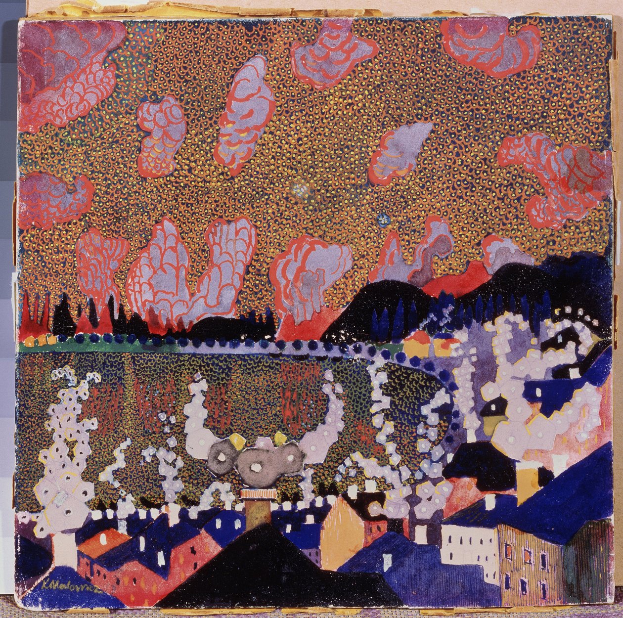Městečko. Obraz Kazimira Severinoviče Maleviče (Malevich, Malevic) (1878-1935), olej na kartonu od Kazimir Severinovich Malevich
