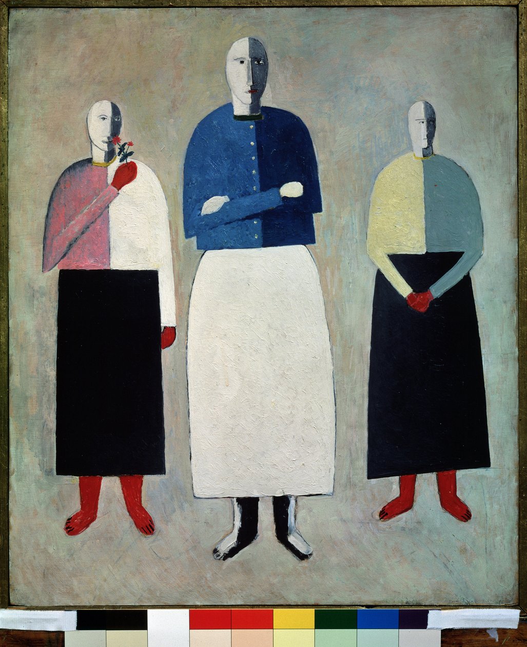 Tři ženy (Tři dívky). Všichni tři mají holou hlavu, oblečenou do rovné sukně a zapínané vesty. Malba Kasimira Severinoviče Malevitche (Malevich, Malevic) (1878-1935), olej na dřevě od Kazimir Severinovich Malevich