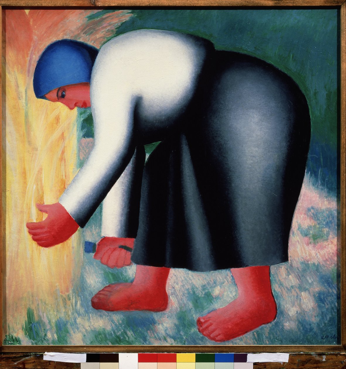 Žací stroj. Portrét ohnuté, bosé rolnice, která sklízí obiloviny. Malba Kasimira Severinoviče Malevitche (Malevich, Malevic) (1878-1935), olej na dřevě od Kazimir Severinovich Malevich