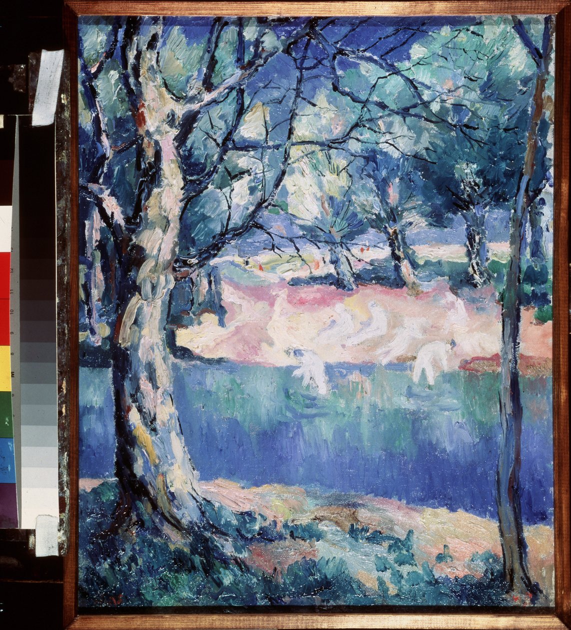 Řeka v lese. Uprostřed léta, s načrtnutými nahými koupajícími se na břehu. Obraz Kazimira Severinoviče Maleviče (Malevich, Malevic) (1878-1935), olej na plátně od Kazimir Severinovich Malevich