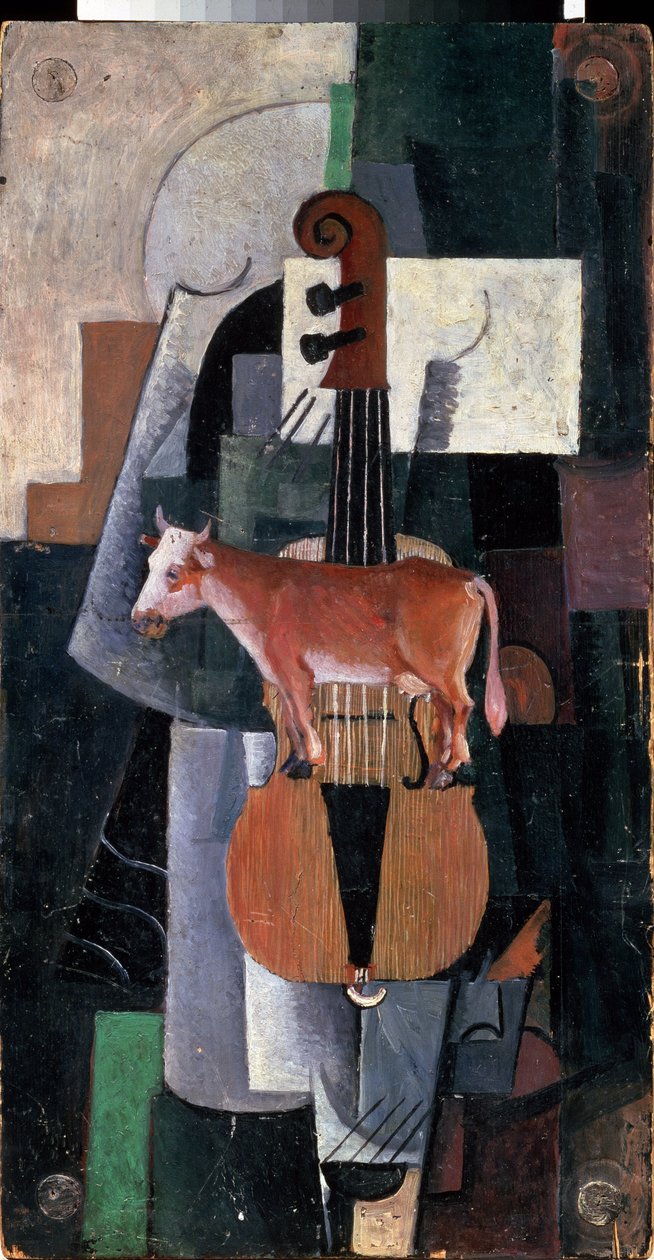 Kráva a housle (Cow and Violin). Malba Kasimira Severinoviče Malevitche (Malevich, Malevic) (1878-1935), olej na dřevě od Kazimir Severinovich Malevich