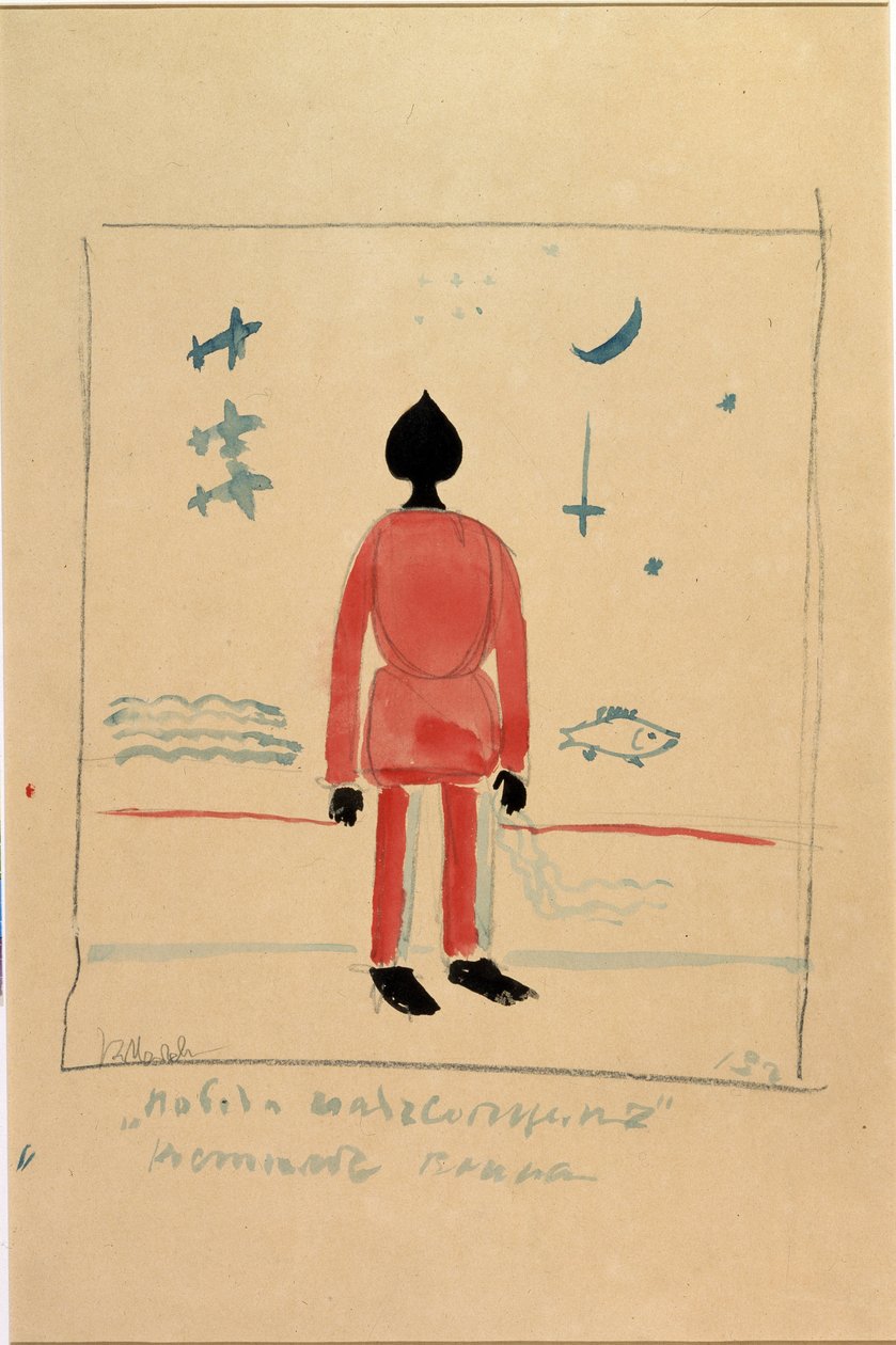 Ilustrace "Warrior" ke kostýmu pro Opera Vítězství na slunci od Alexeje Kroutchenykha (1886-1968) od Kazimir Severinovich Malevich