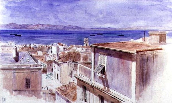 Gibraltar a španělské pobřeží za ním (akvarel) od Keeley Halswelle