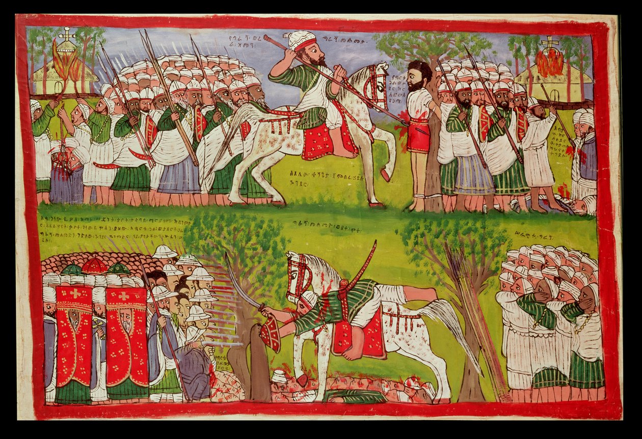 Vypalování kostelů muslimy a smrt Cristóbala de Gamy a pád a smrt Ahmeda ibn Ibrahima al-Ghaziho (1506-43) Natočeno portugalským mušketýrem, kolem roku 1900 (olej na plátně) od Kegneketa Jemlieri Hailu of Gondar