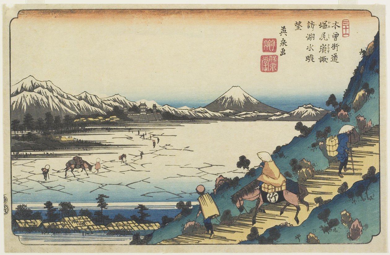 č. 31: Pohled na jezero Suwa z průsmyku Shiojiri, 1835-1836 od Keisai Eisen
