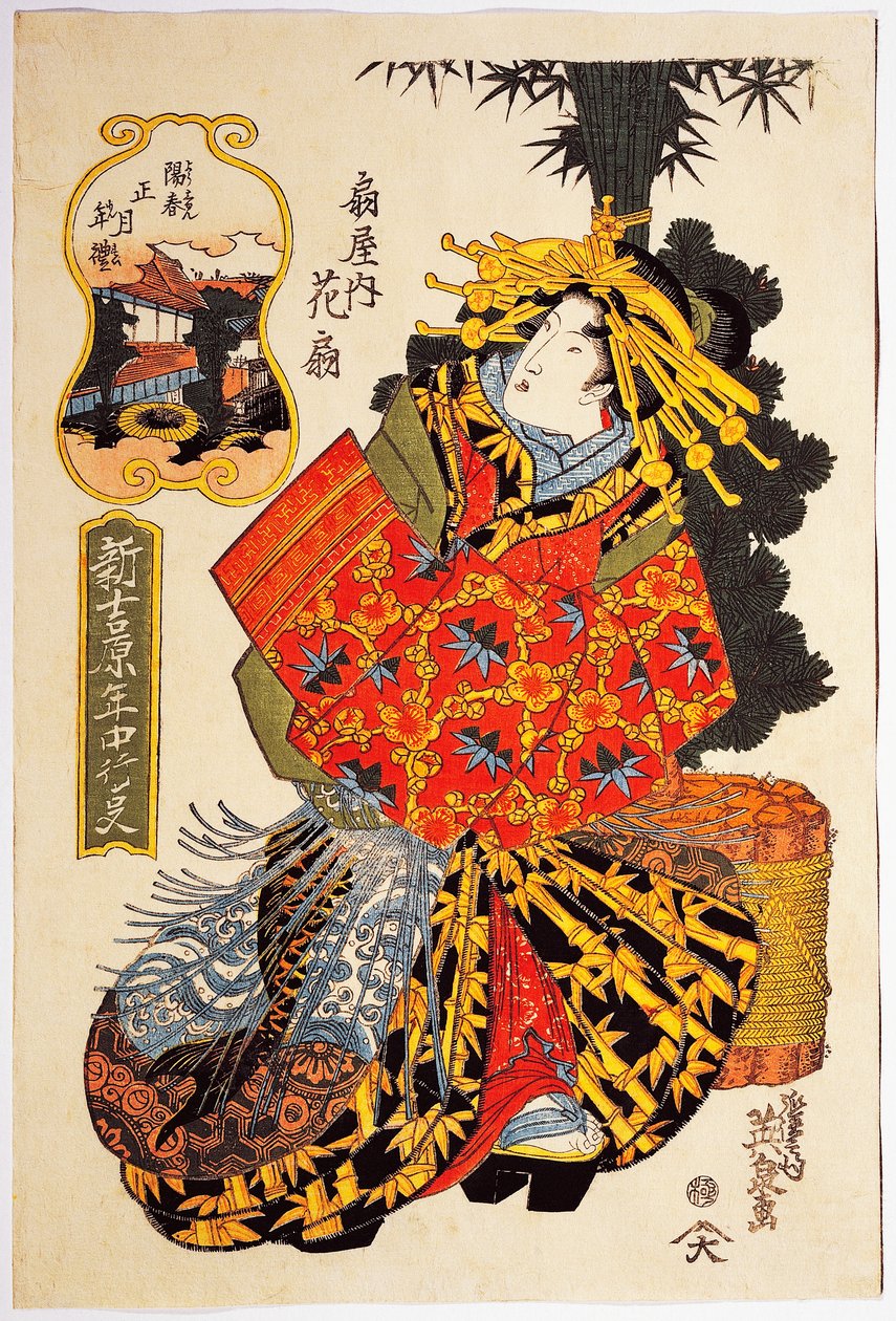 Kurtizána Hanaogi z domu Ogiya na jarní přehlídce kurtizán, kolem roku 1830, umělecký tisk ukiyo-e od Keisai Eisena (1790-1848), dřevoryt Oban tate-e, 38,5 x 25. 7 cm, japonská civilizace, období Edo od Keisai Eisen