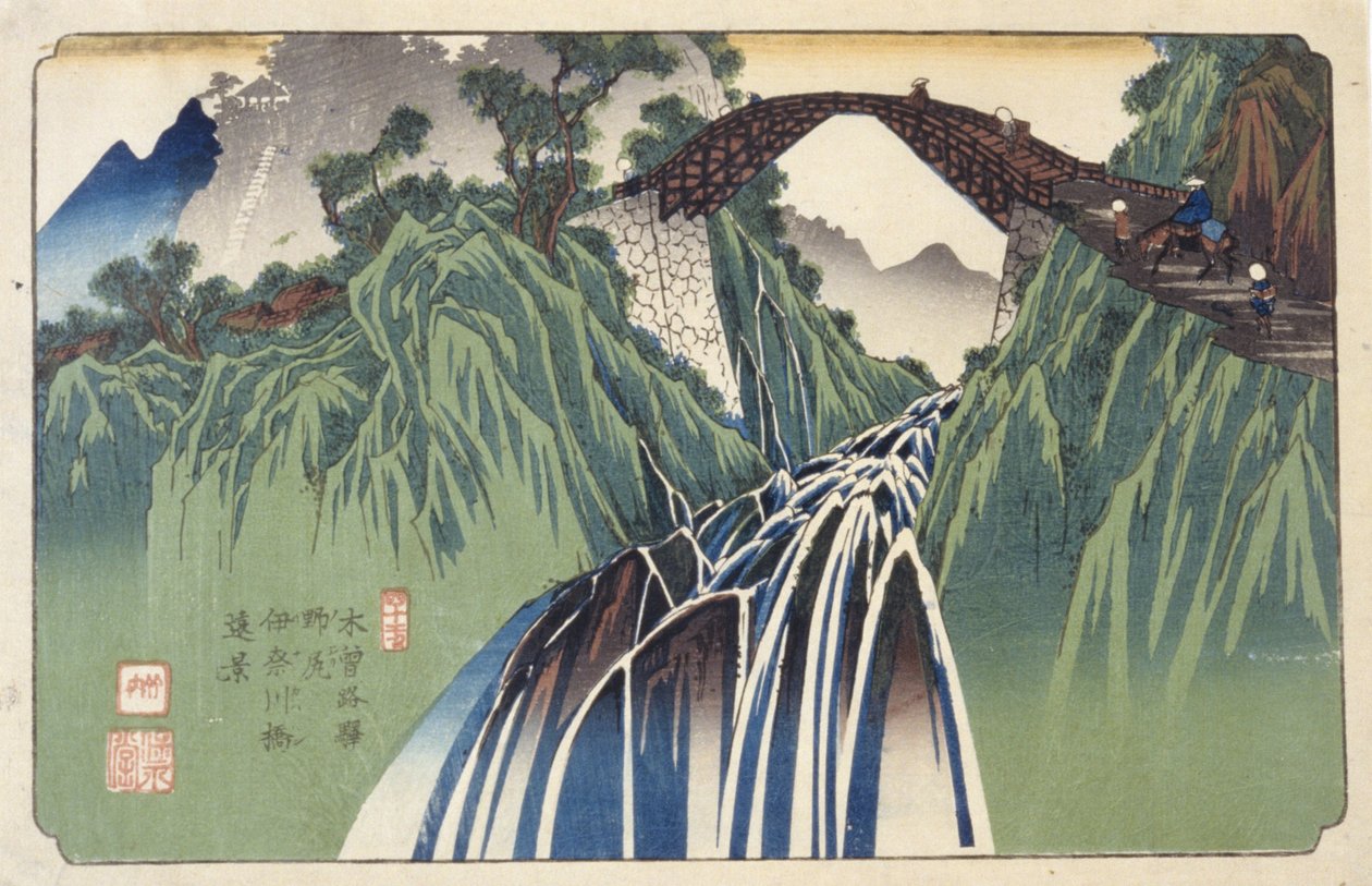 Vzdálený pohled na most přes řeku Ina v Nojiri, č. 41 (Nojiri Inagawabashi Enkei, 41) (barevný dřevotisk) od Keisai (1790 1848) Eisen