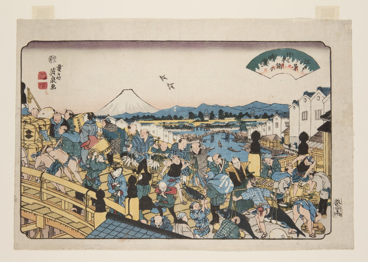 Clearing Weather at Nihonbashi (Nihonbashi no seiran) (barevný dřevotisk) od Keisai Eisen