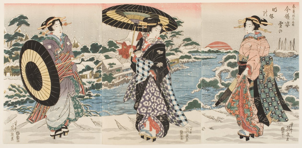Moderní postavy za úsvitu za zasněženého dne (Imayō sugata yuki no akebono) od Keisai (1790 1848) Eisen