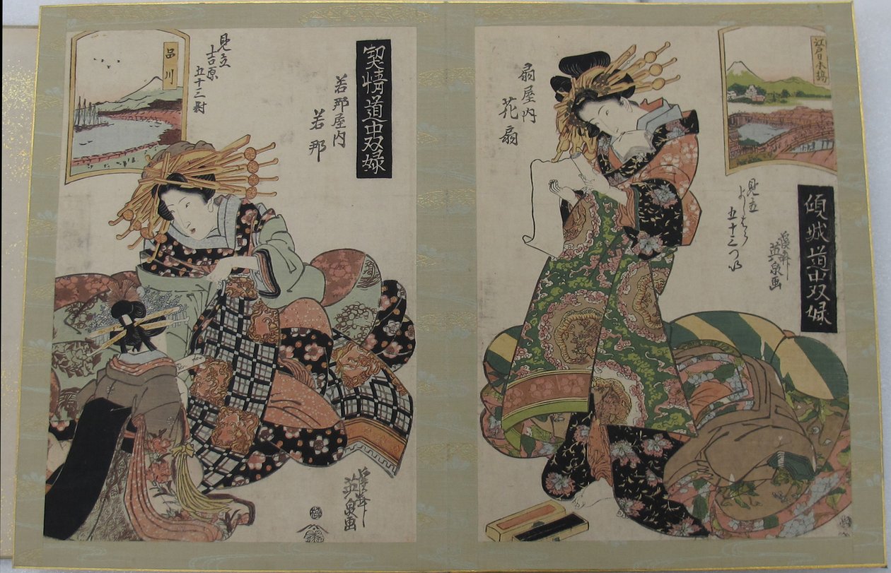 Album tisků ze série Tōkaidóská desková hra kurtizán, padesát tři dvojic v Jošiwara (Keisei dōchū sugoroku, Mitate Yoshiwara gojūsan tsui) od Keisai Eisen