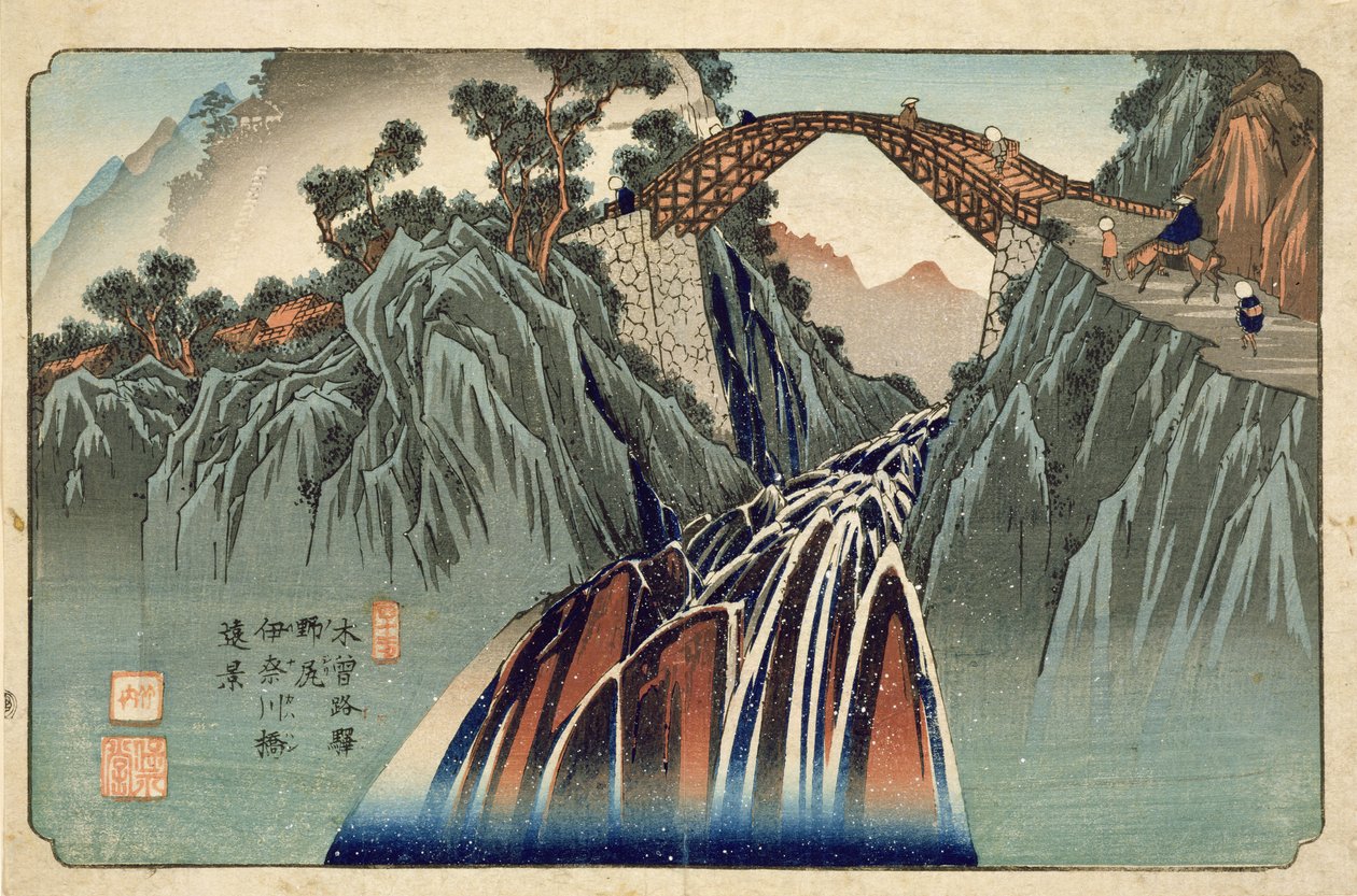 Inagawa b Ri d Gea t Nojiri (kruh Nojiri Inagawa Bridge) Fu b. od Whey Návrh d Curse Degree, 1830 od Keisai Eisen