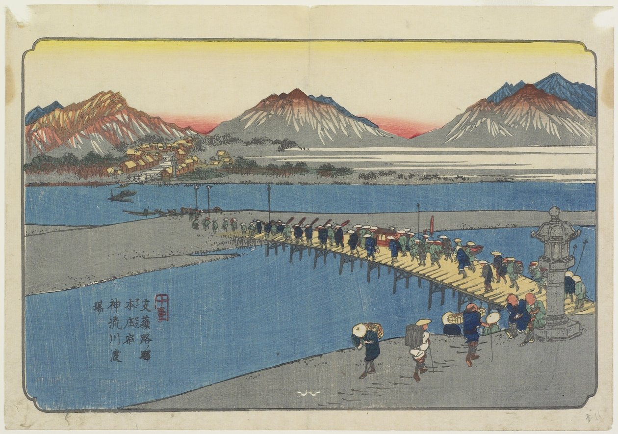 Č. 11: Přístav trajektů na řece Kanna u stanice Honjo_, 1830-1844 od Keisai Eisen