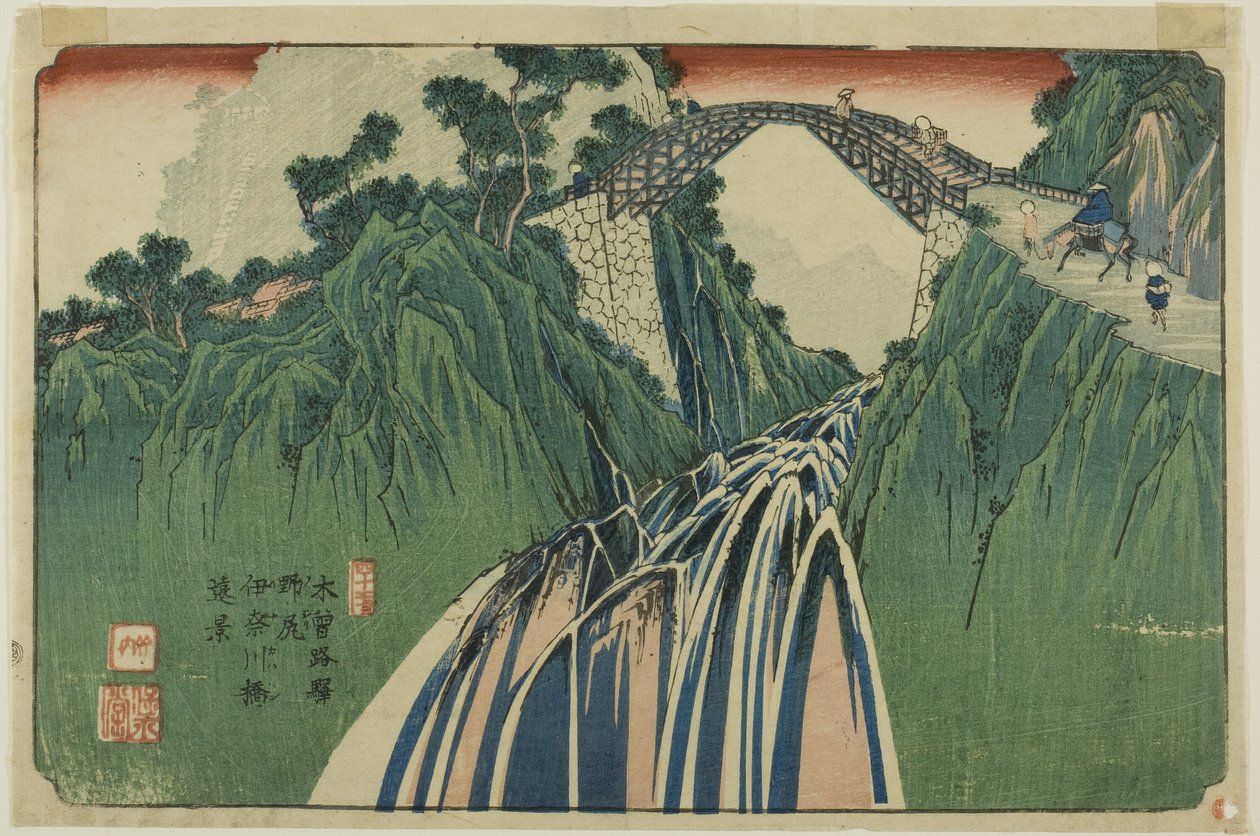 Č. 41: Pohled z dálky na most přes řeku Inu v Nojiri (Yonjuichi: Noriji Inagawabashi enkei), ze série "[Sixty-nine Stations of the] Kisokaido". od Keisai Eisen