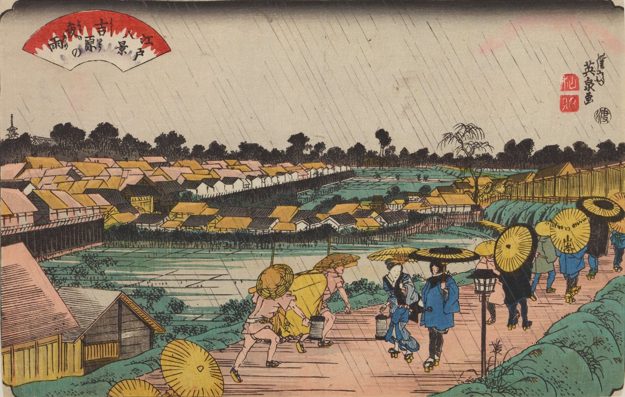 Noční déšť v Jošiwaře / Yoshiwara-no yoru-no ame, ze série: Osm pohledů na Edo / Edo hakkei od Keisai Eisen