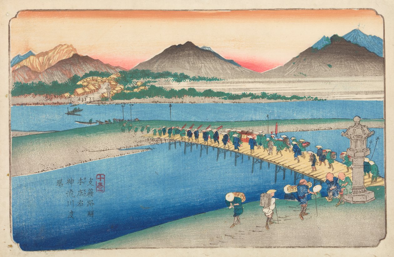 Přechod přes řeku Shinjugawa v Honjo / Honjo shuku Shinjugawa watashiba, deska č. 10 ze série: Cesta Kisokaido / Kisoji-no eki od Keisai Eisen