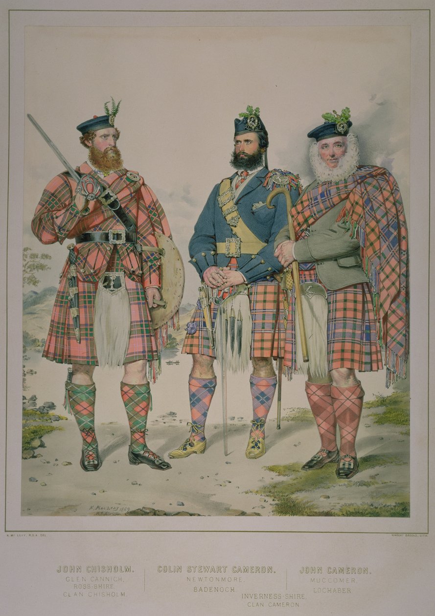 Trojitý portrét Johna Chisholma, Colina Stewarta Camerona a Johna Camerona, mužů klanu Chisholm a klanu Cameron, publikovaný v The Highlander of Scotland z roku 1870, 1869 (wc a inkoust na papíře) od Kenneth Macleay