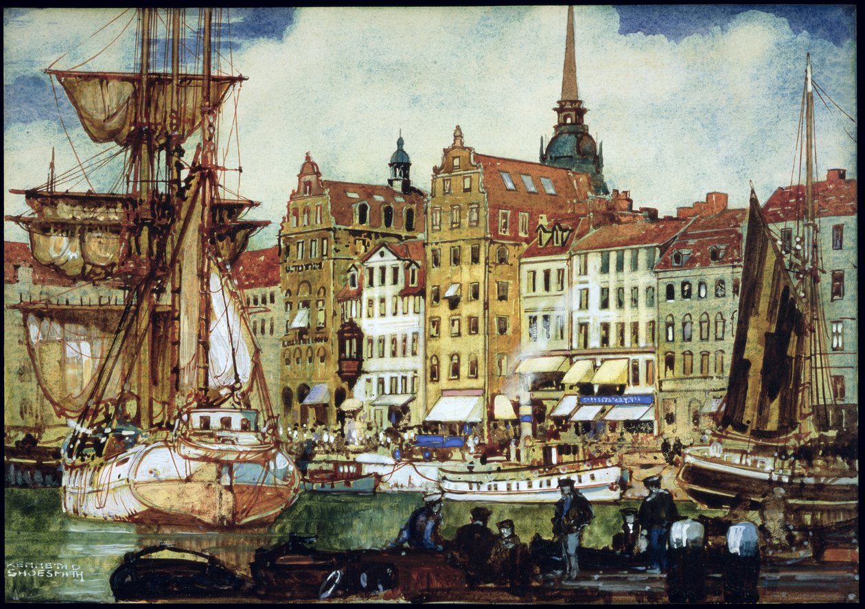 Pohled na Stockholm, cca 20. léta (pero a inkoust a wc na papíře položené na palubě) od Kenneth Shoesmith