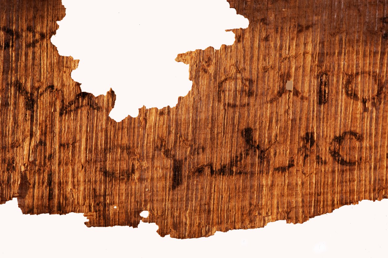 Detail závěrečné stránky Jidášova evangelia, poslední řádek textu zní "Jdi..., 2006 (foto) od Kenneth Garrett
