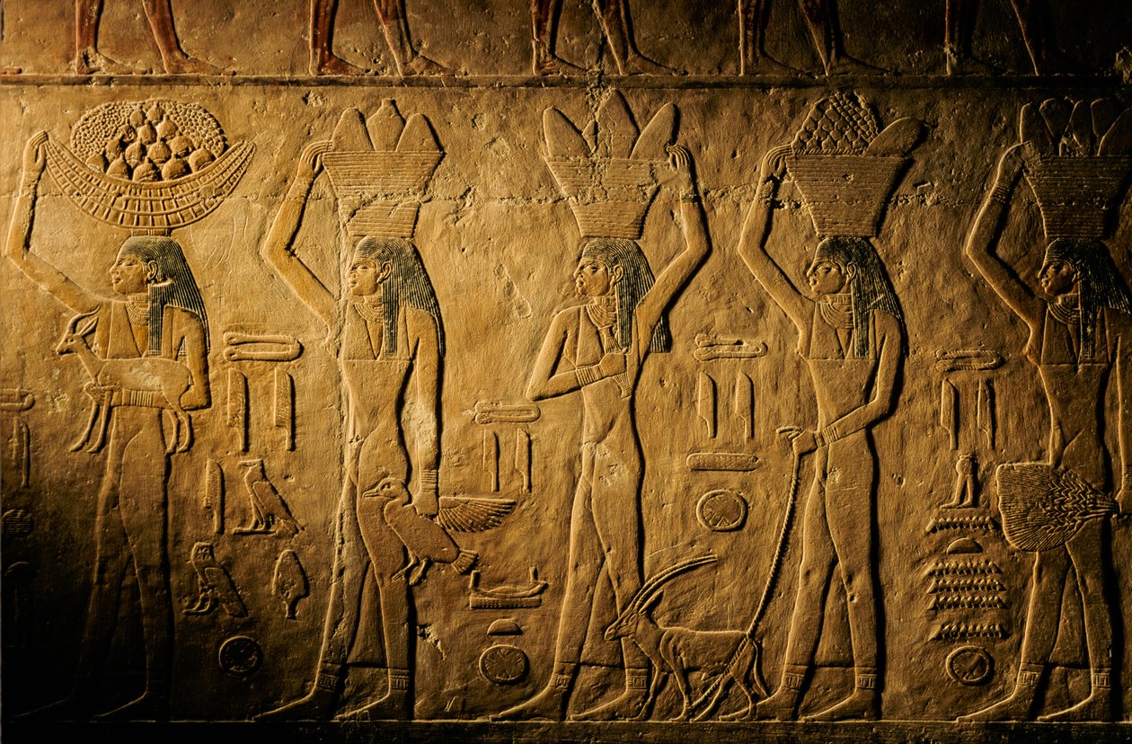 Ženy nesoucí chléb, ptáka, kozu a produkty, hrobka Tiye, Egypt; Stará říše; Sakka... od Kenneth Garrett