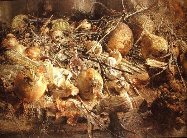 Zátiší s cibulí, houbami a kukuřičným klasem (olej na plátně) od Kenneth Newton