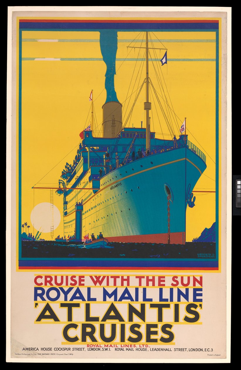 Plakát výletní lodi: 1930 (plakát): Royal Mail Line, Atlantic Cruises, "Cruise with the Sun". od Kenneth Shoesmith