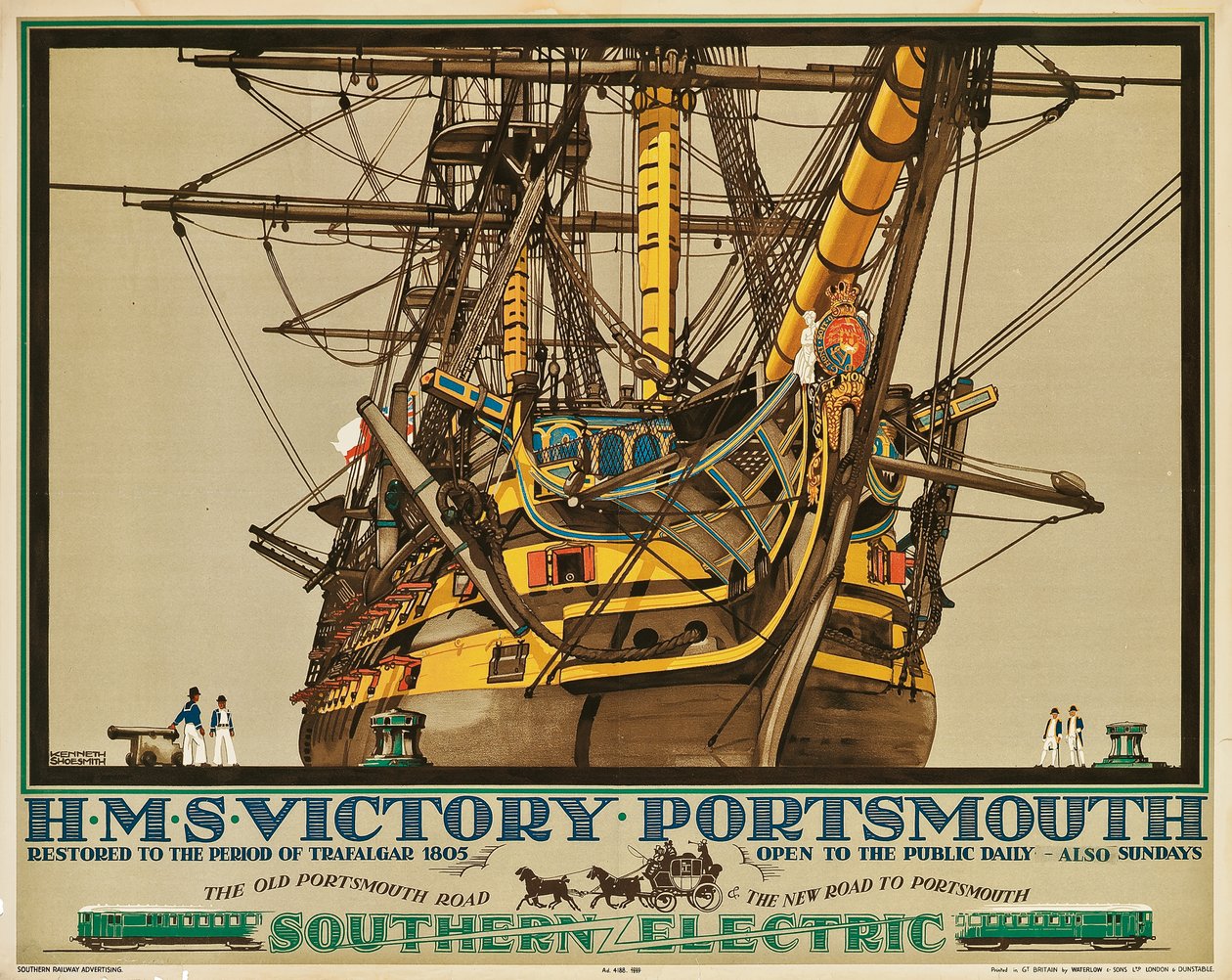 H.M.S. Victory, Portsmouth, reklamní plakát Southern Electric Railways (barevné lito) od Kenneth Shoesmith