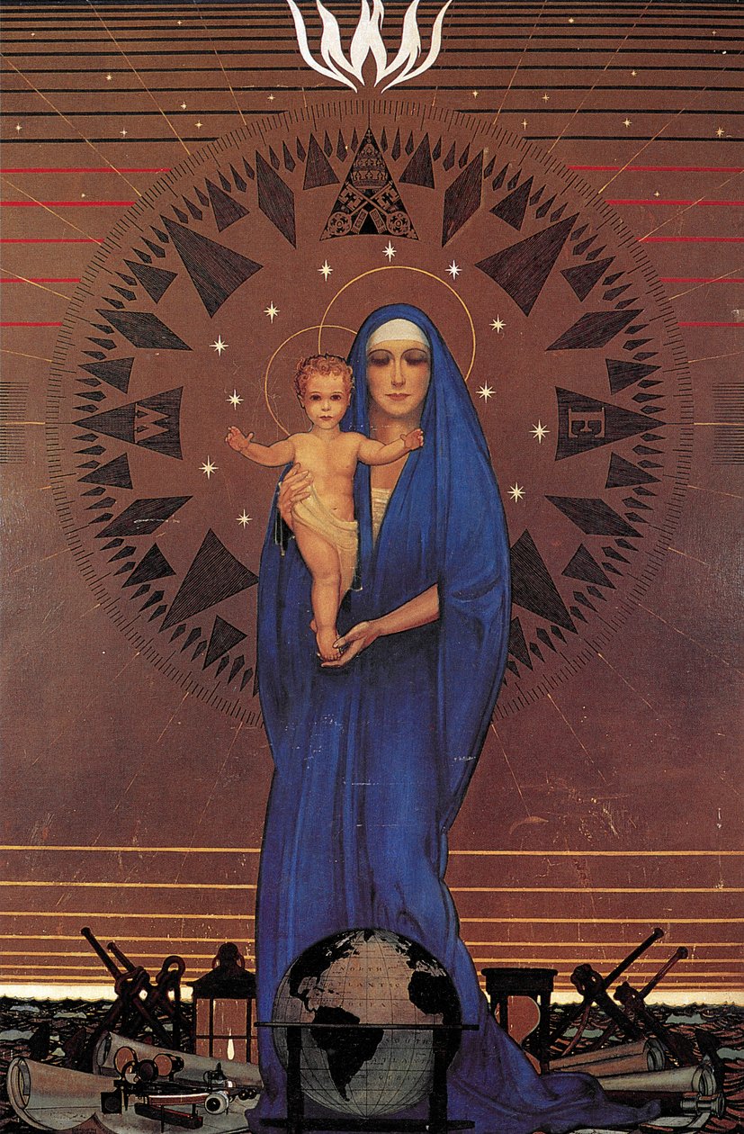 Madonna of the Atlantic, salon třídy Cabin, Queen Mary Ocean Liner, kolem roku 1934 (olej na plátkovém zlatě) od Kenneth Shoesmith