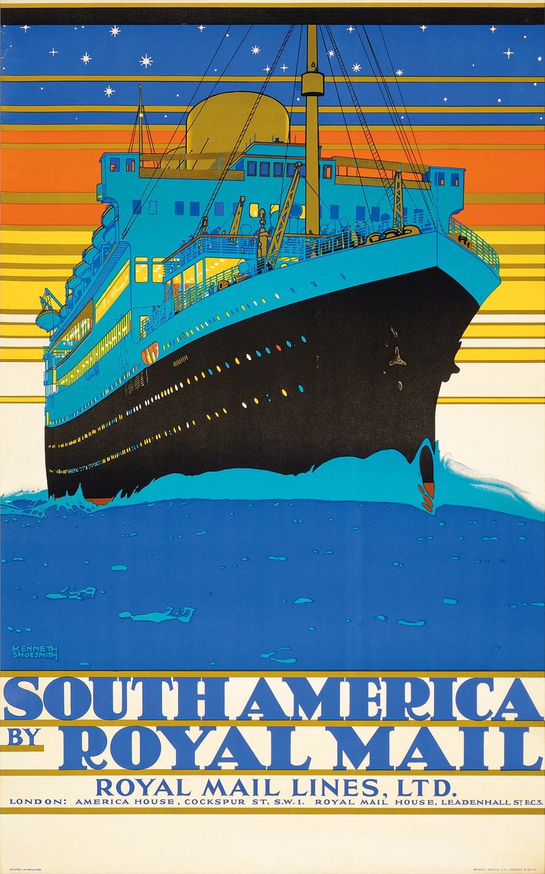 Plakát s reklamou Jižní Ameriky od Royal Mail Lines (barevná litografie) od Kenneth Shoesmith