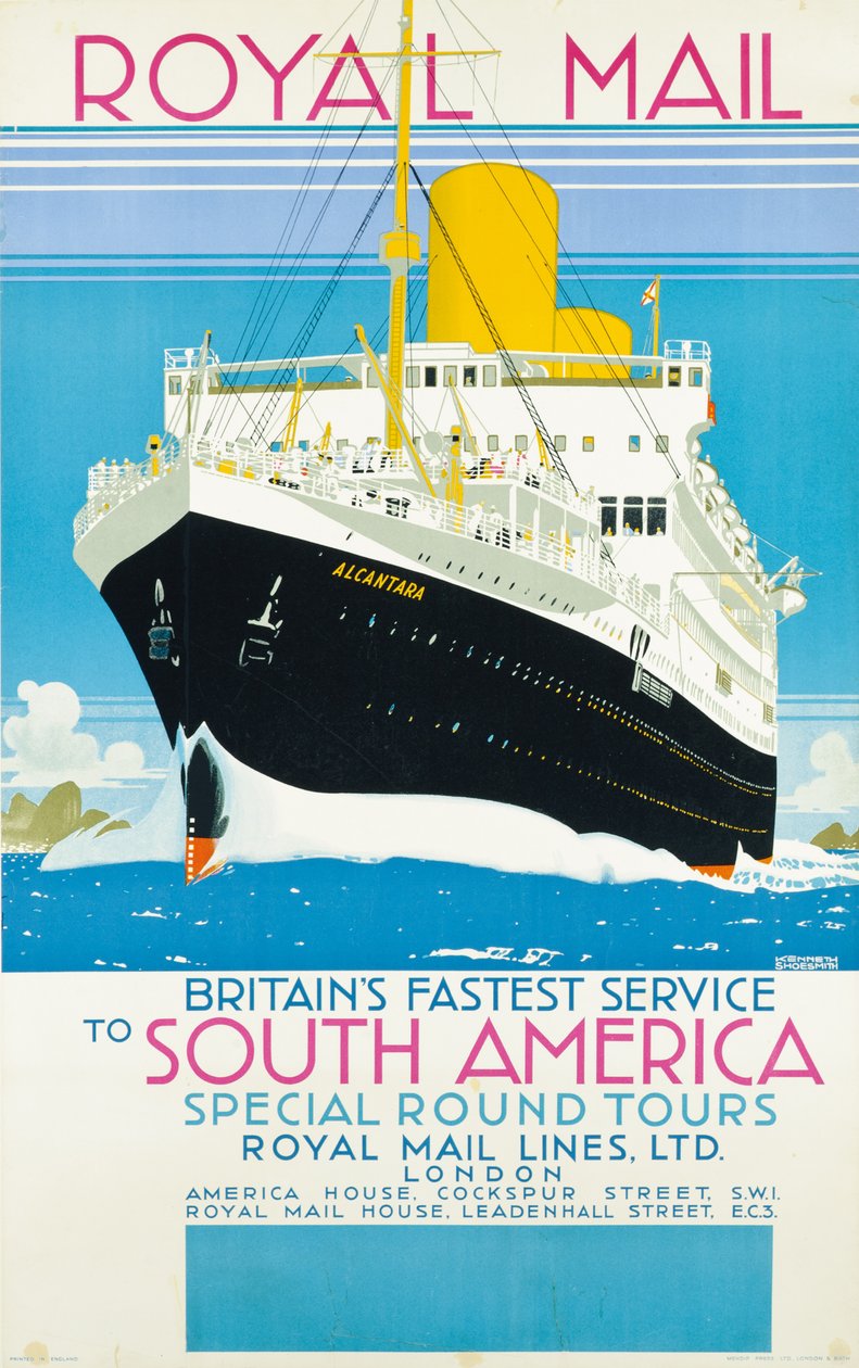 Plakát inzerující službu Royal Mail do Jižní Ameriky, kolem roku 1930 (barevná litografie) od Kenneth Shoesmith