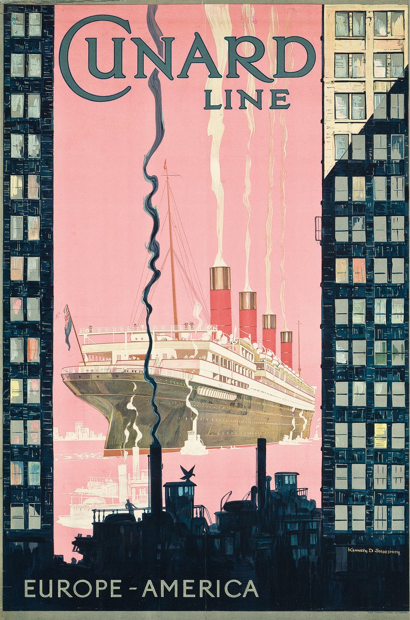 Plakátová reklama putuje z Evropy do Ameriky s přepravní společností Cunard Line, c. 1925 (barevná litografie) od Kenneth Shoesmith