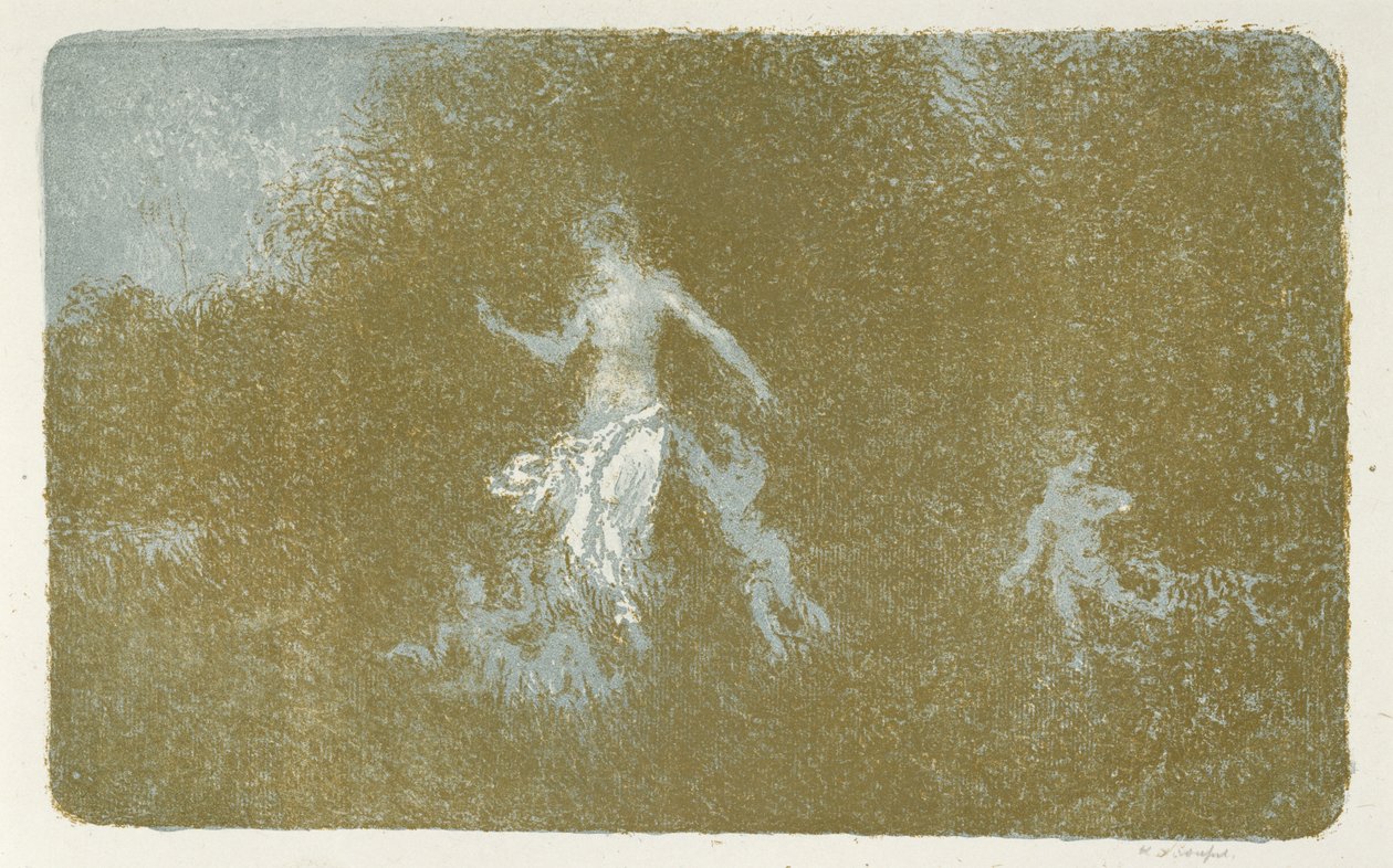 Amour jouant aupres dune nymphe (Láska si hraje s nymfou), c. 1900 (barevná litografie) od Ker Xavier Roussel