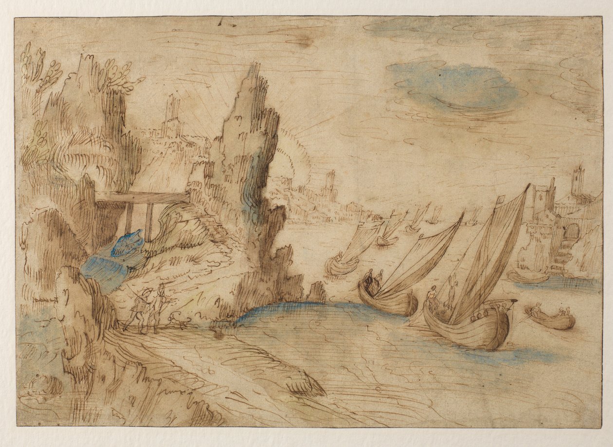 Imaginární pobřežní scéna s rybářskými plavidly, 1575-1633 od Kerstiaen de Keuninck