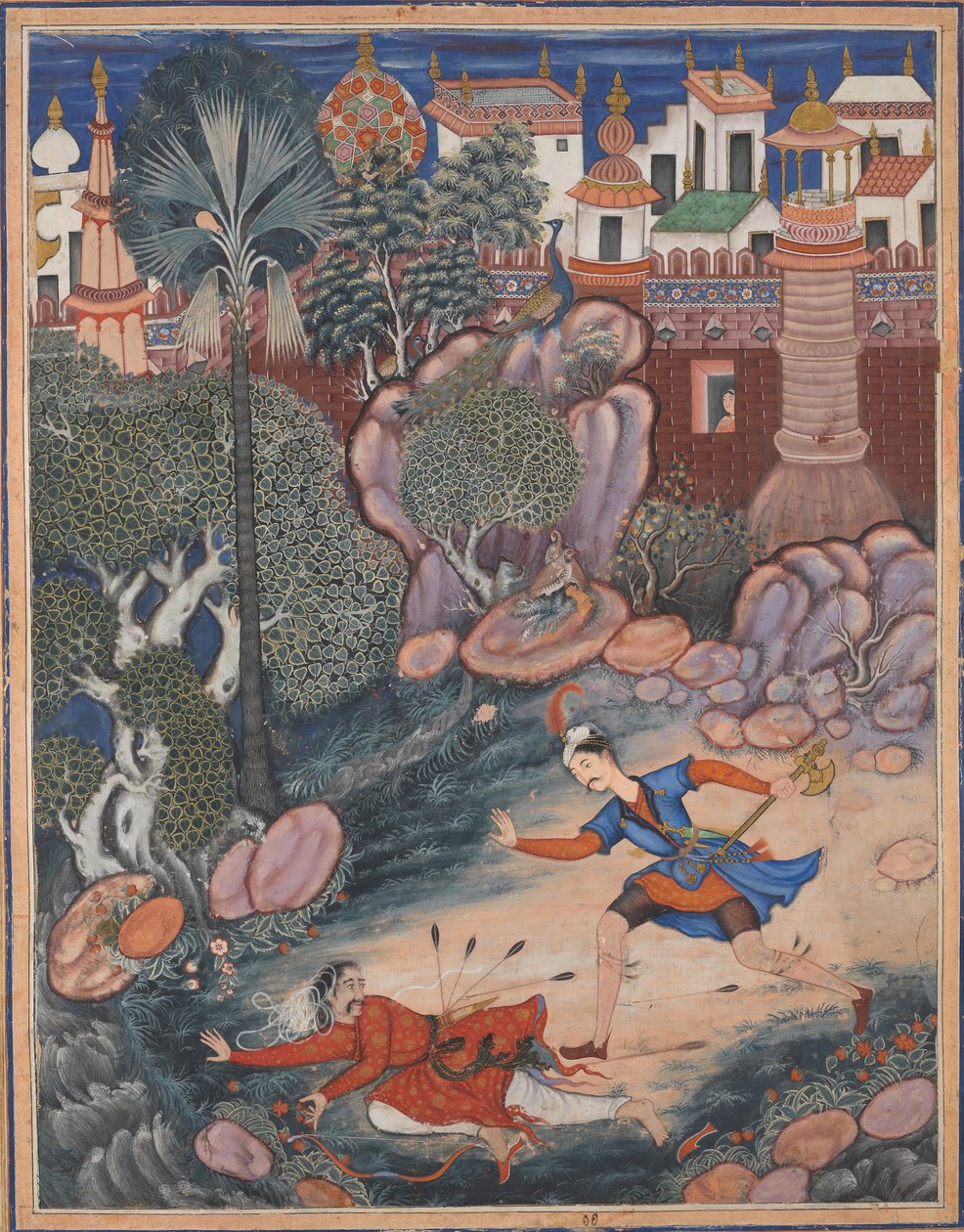 Umar prochází kolem hradu Fulad, potká pěšáka a skopne ho k zemi..., ca. 1570. od Kesav Das